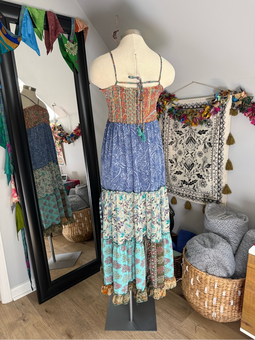 NWOT Smocked Boho Maxi Dress in Blue and Teal Patchwork - Picture 3 of 8